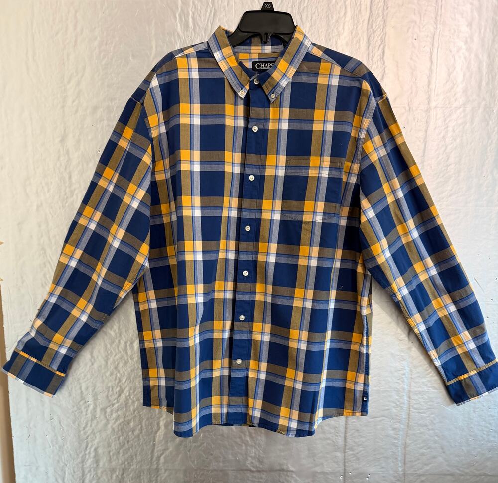 Chaps Men’s XXL Navy Mustard Plaid Stretch Poplin Button Down Shirt